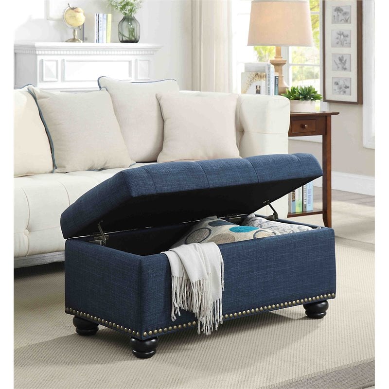 Pemberly Row Storage Ottoman with Nailhead Trim in Blue Fabric