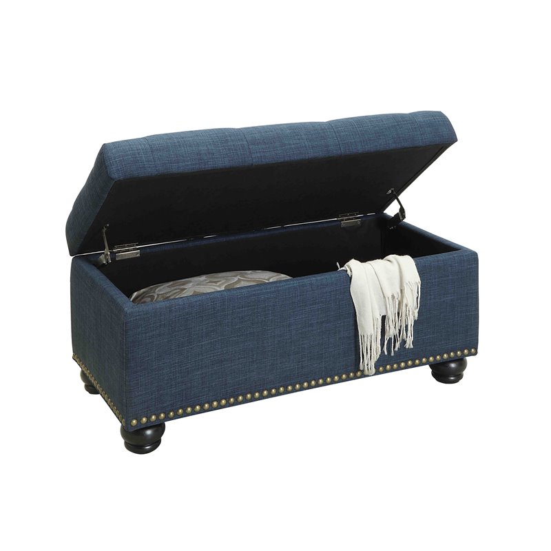 Pemberly Row Storage Ottoman with Nailhead Trim in Blue Fabric