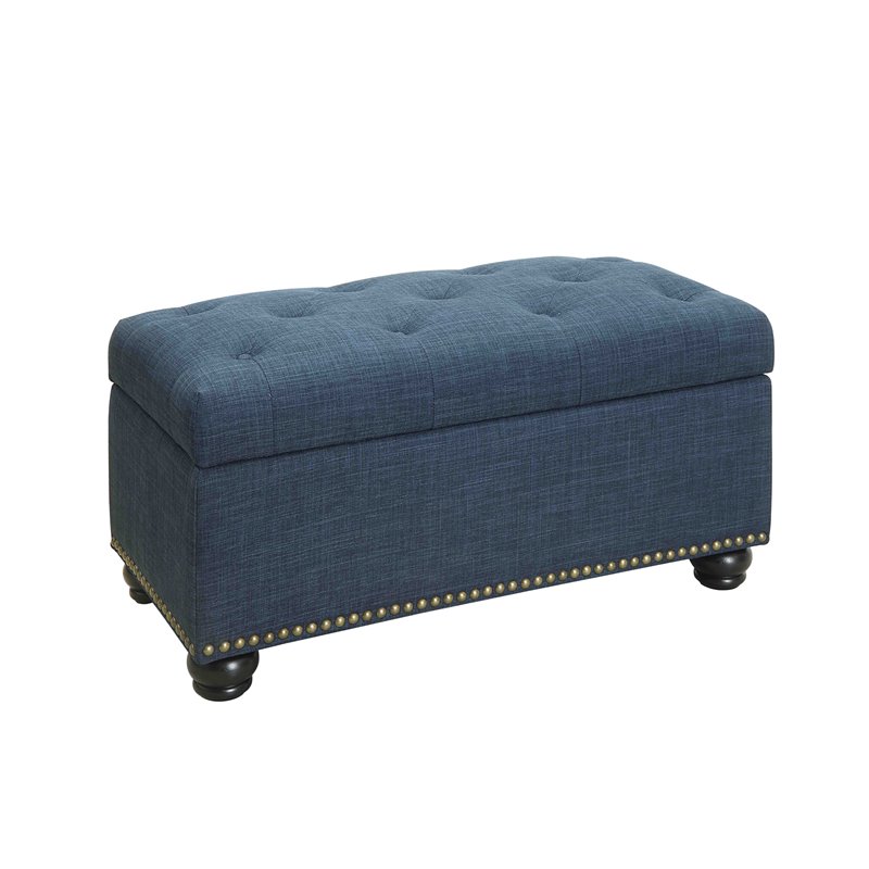 Pemberly Row Storage Ottoman with Nailhead Trim in Blue Fabric