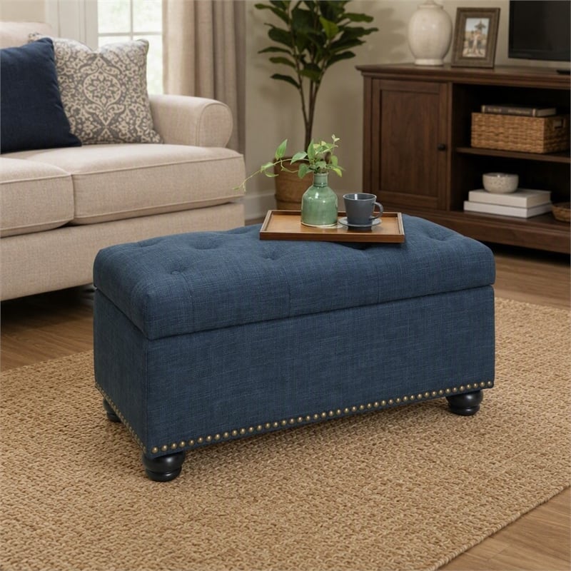 Pemberly Row Storage Ottoman with Nailhead Trim in Blue Fabric