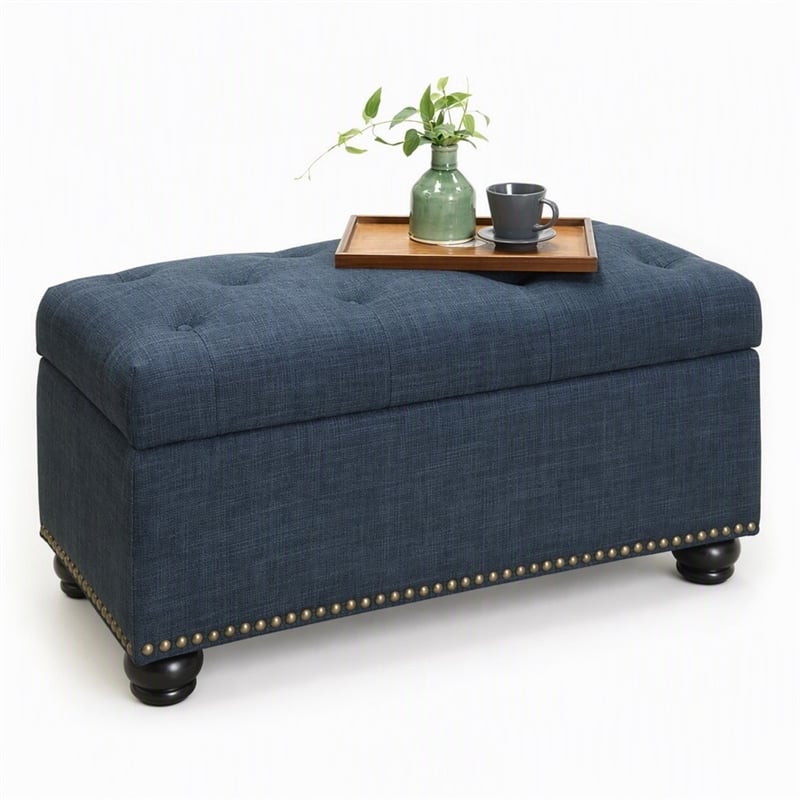 Pemberly Row Storage Ottoman with Nailhead Trim in Blue Fabric