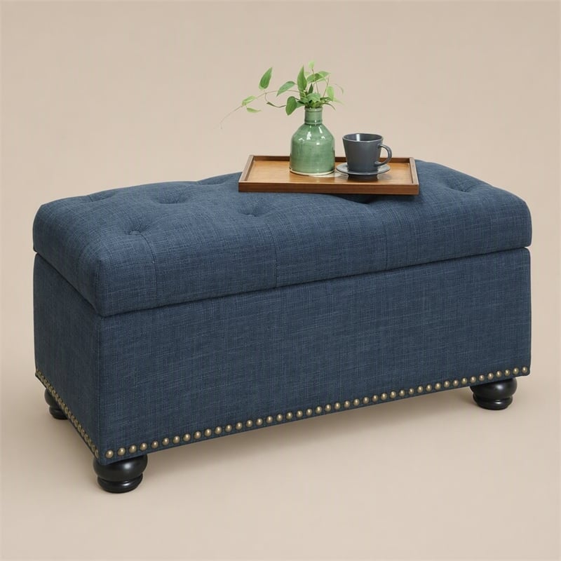 Pemberly Row Storage Ottoman with Nailhead Trim in Blue Fabric