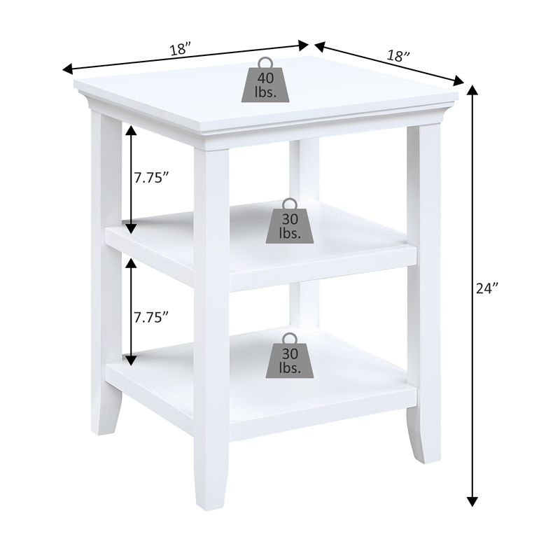 Pemberly Row End Table with Shelves in White Wood Finish 18 in x 18 in x 24 in