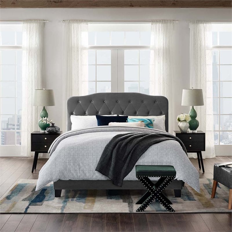Pemberly Row King Bed with Velvet Upholstered Headboard in Gray