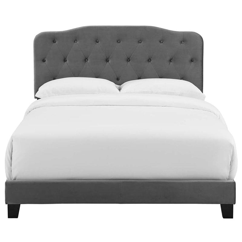 Pemberly Row King Bed with Velvet Upholstered Headboard in Gray