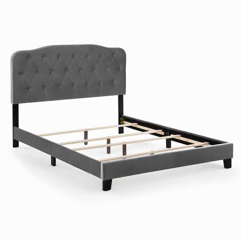 Pemberly Row King Bed with Velvet Upholstered Headboard in Gray