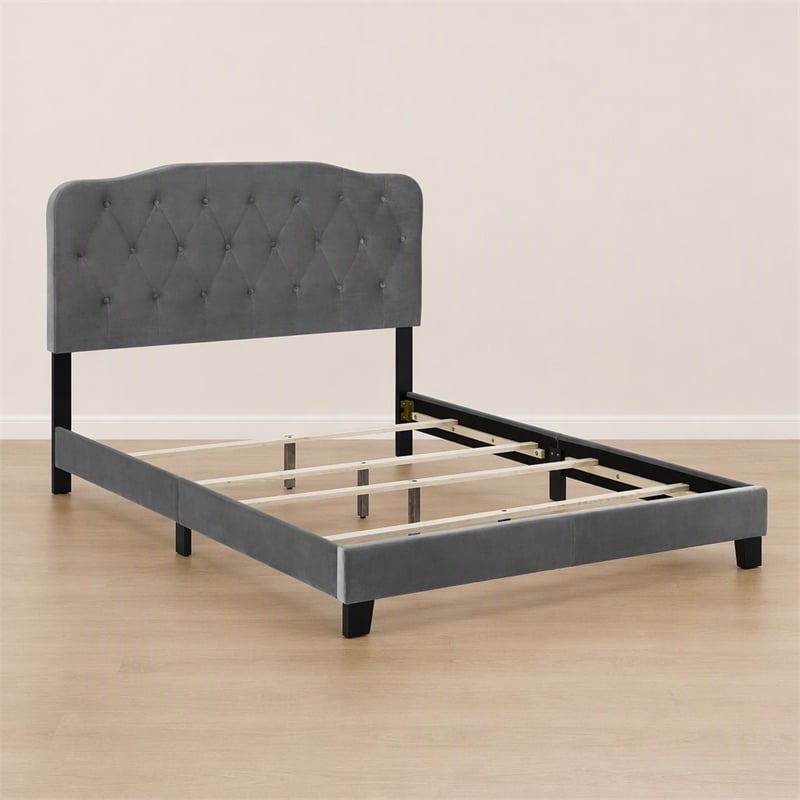 Pemberly Row King Bed with Velvet Upholstered Headboard in Gray