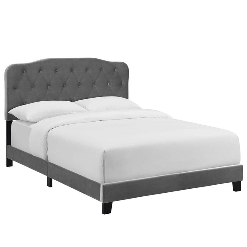 Pemberly Row King Bed with Velvet Upholstered Headboard in Gray