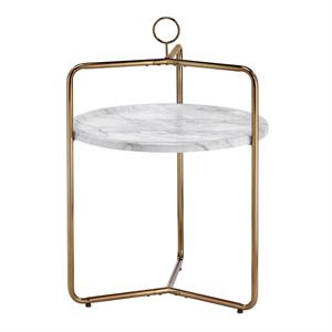 Pemberly Row White Faux Marble Side Table with Metal Frame