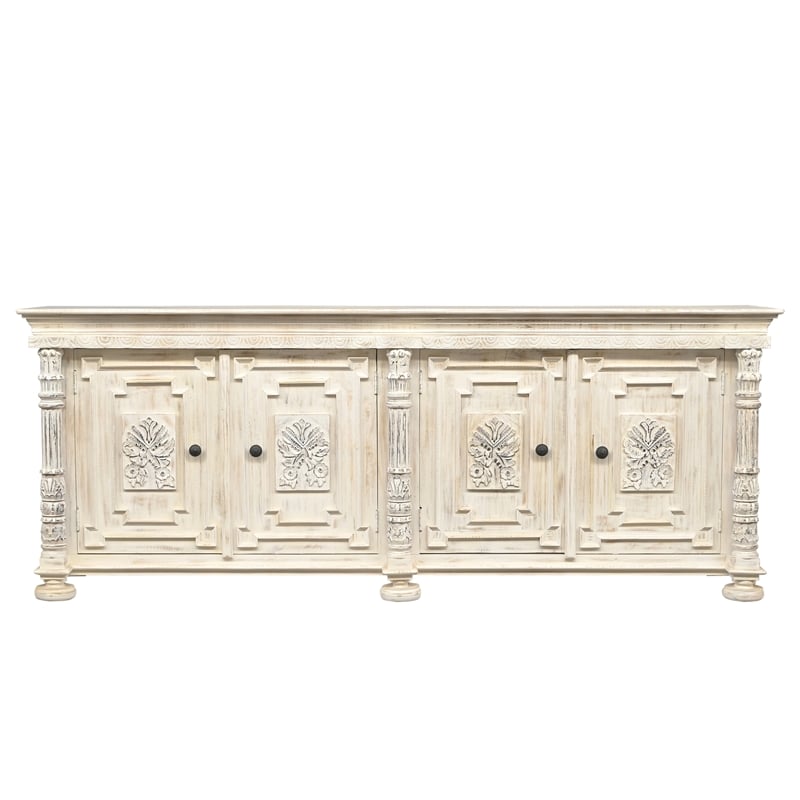 Pemberly Row 4-Door Solid Wood Sideboard in White with Carved Details