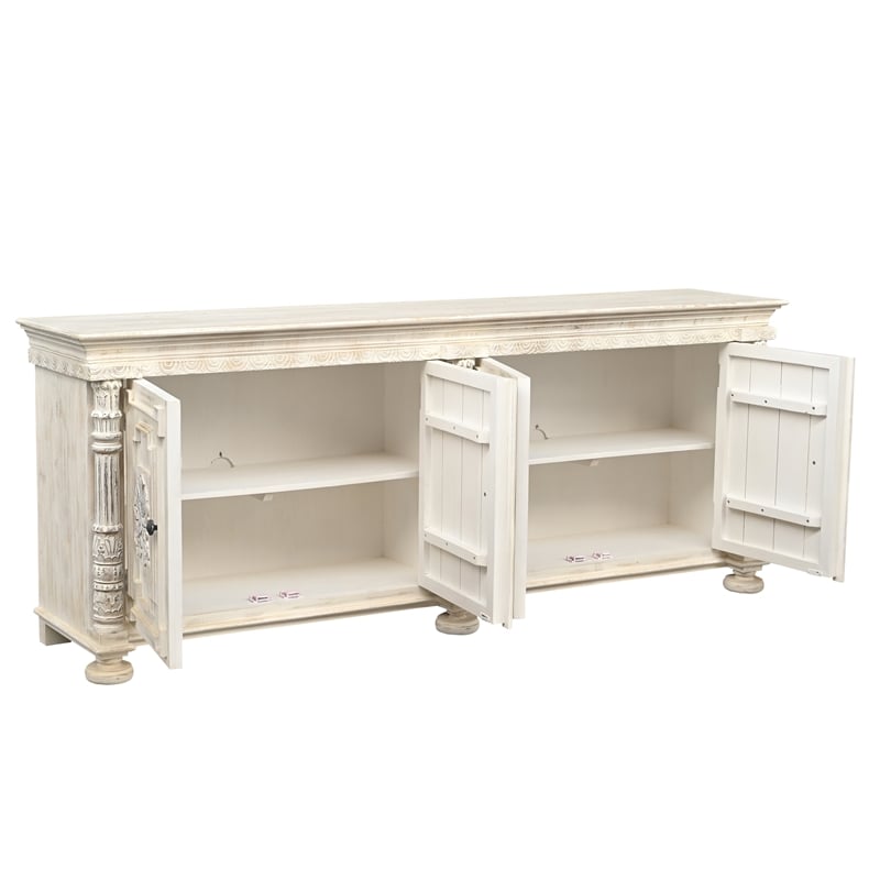 Pemberly Row 4-Door Solid Wood Sideboard in White with Carved Details