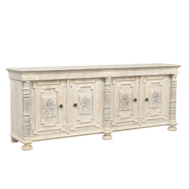 Pemberly Row 4-Door Solid Wood Sideboard in White with Carved Details