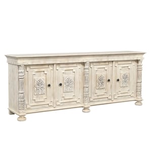 Pemberly Row 4-Door Solid Wood Sideboard in White with Carved Details