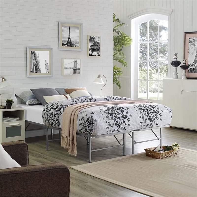 Pemberly Row Queen Metal Bed Frame in Silver with 14