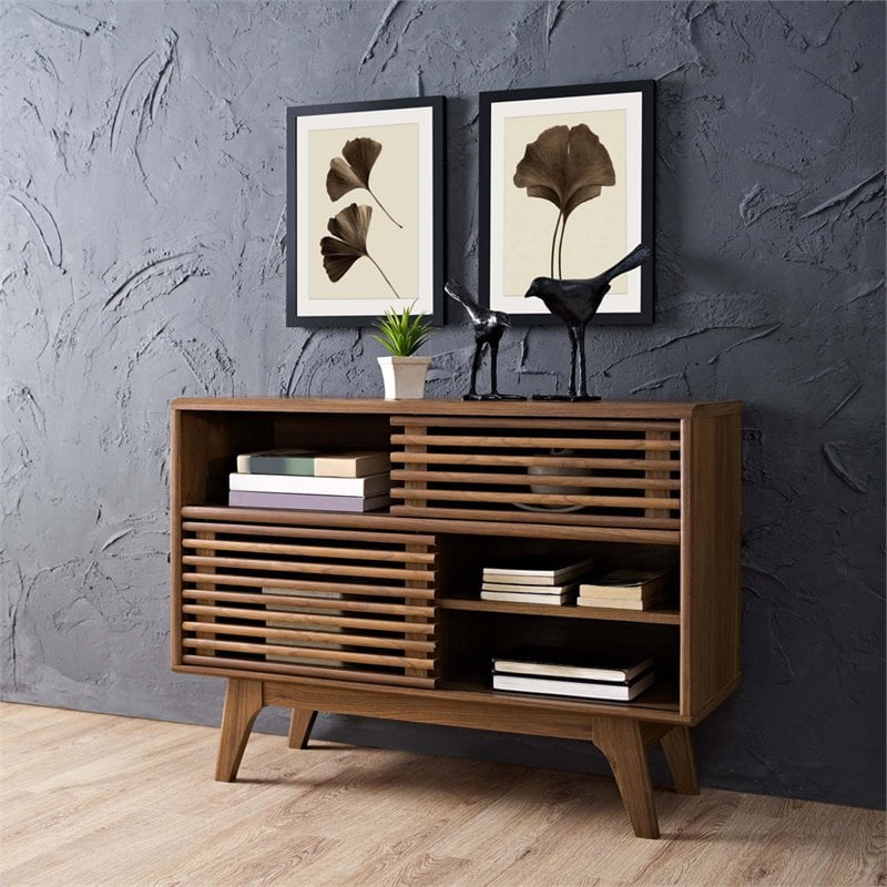 Pemberly Row Modern Particleboard Display Stand in Walnut Finish