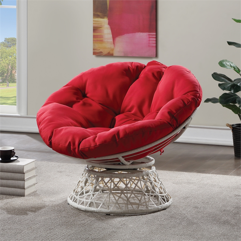 Pemberly Row Swivel Chair with Cream Wicker Frame and Red Cushion