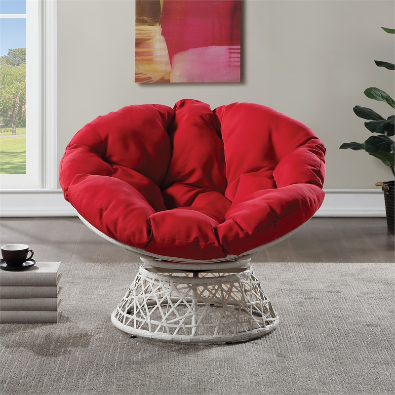 Pemberly Row Swivel Chair with Cream Wicker Frame and Red Cushion