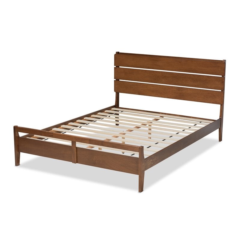 Pemberly Row Avena Queen Size Brown Wood Platform Bed Slatted Headboard