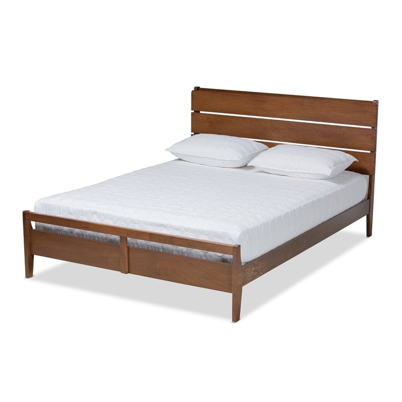 Pemberly Row Avena Queen Size Brown Wood Platform Bed Slatted Headboard