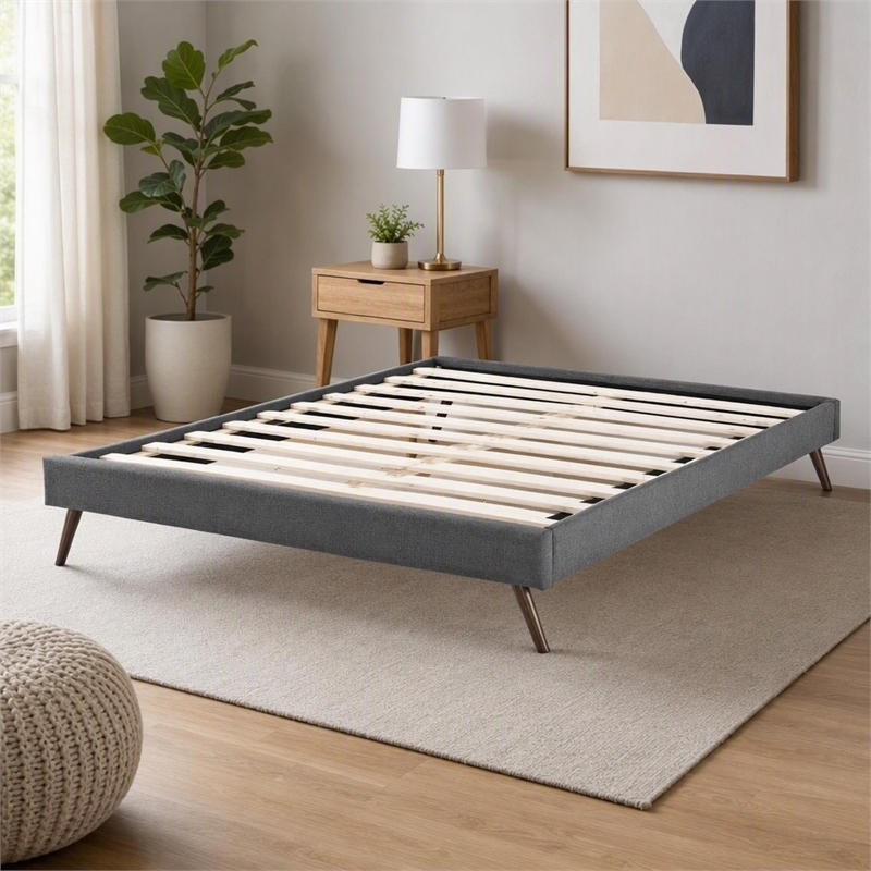 Pemberly Row Full Polyester Fabric Bed Frame with Splayed Legs in Gray Finish
