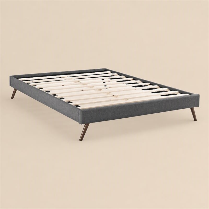 Pemberly Row Queen Polyester Fabric Bed Frame with Splayed Legs in Gray Finish