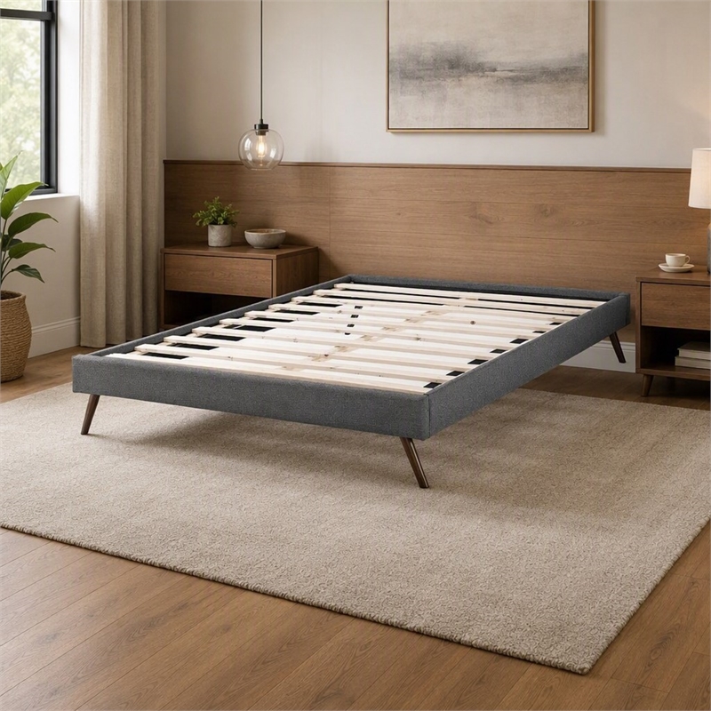 Pemberly Row Queen Polyester Fabric Bed Frame with Splayed Legs in Gray Finish