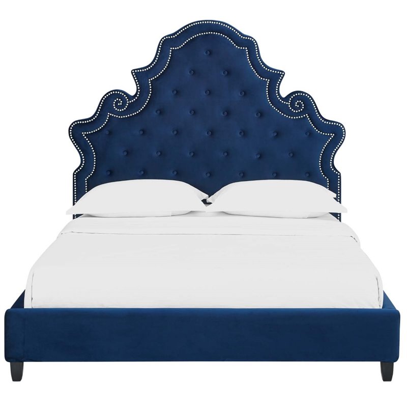 Pemberly Row Queen Tufted Nailhead Velvet Platform Bed in Navy
