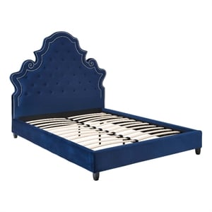Pemberly Row Queen Tufted Nailhead Velvet Platform Bed in Navy