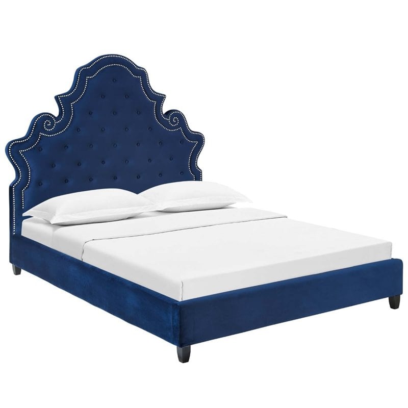 Pemberly Row Queen Tufted Nailhead Velvet Platform Bed in Navy