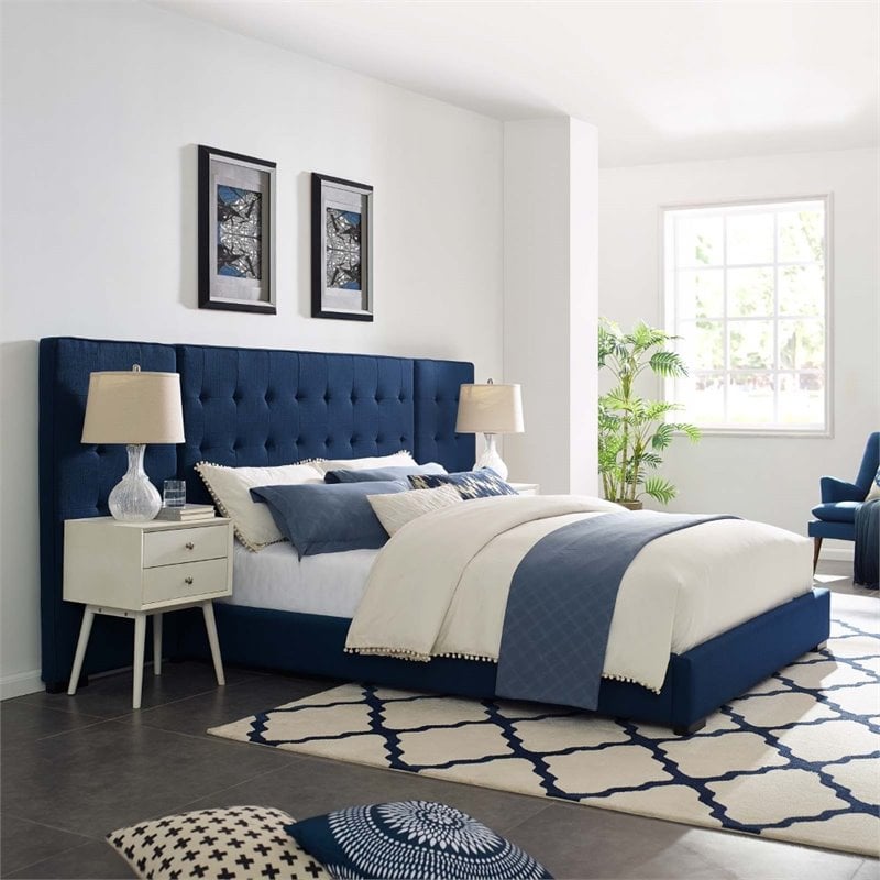 Pemberly Row Queen Velvet Polyester Platform Bed with Biscuit Tufting in Azure