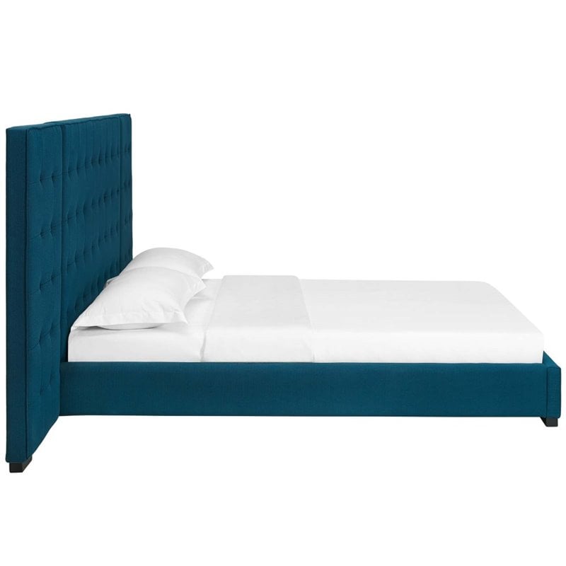 Pemberly Row Queen Velvet Polyester Platform Bed with Biscuit Tufting in Azure