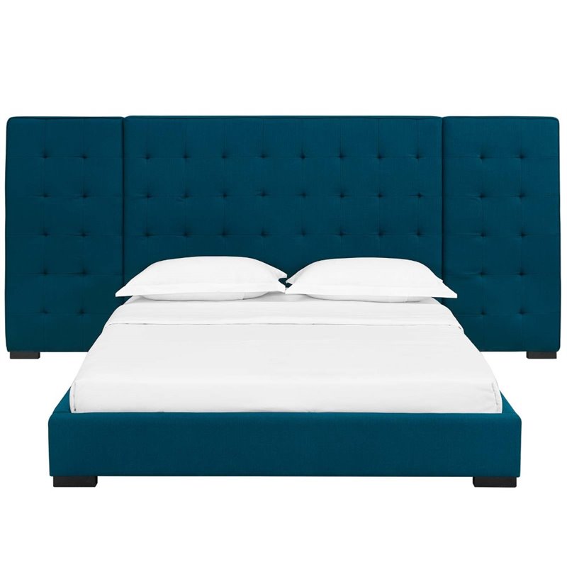 Pemberly Row Queen Velvet Polyester Platform Bed with Biscuit Tufting in Azure