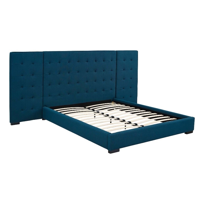 Pemberly Row Queen Velvet Polyester Platform Bed with Biscuit Tufting in Azure