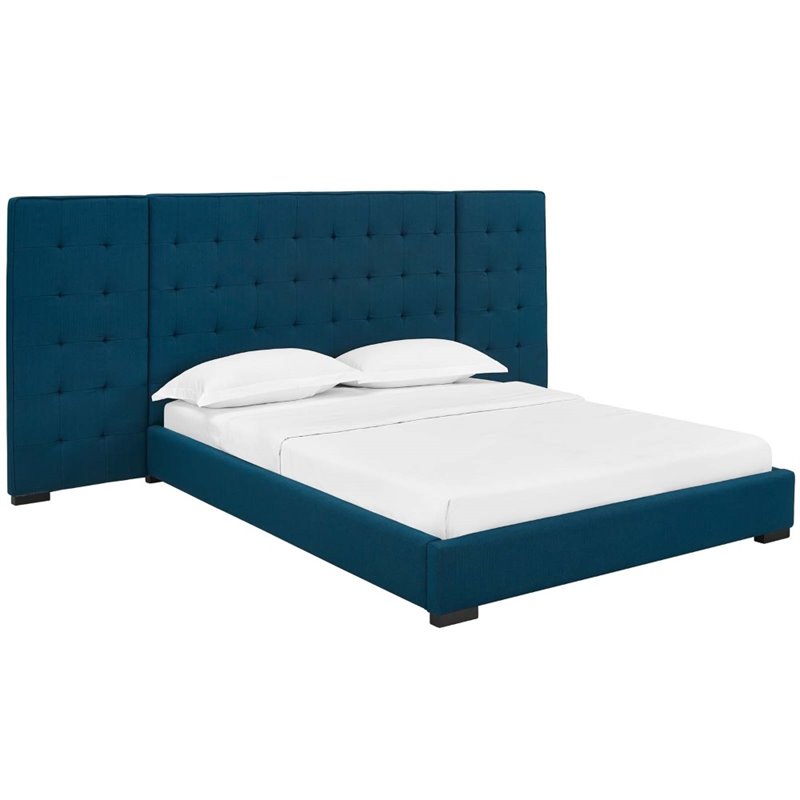 Pemberly Row Queen Velvet Polyester Platform Bed with Biscuit Tufting in Azure