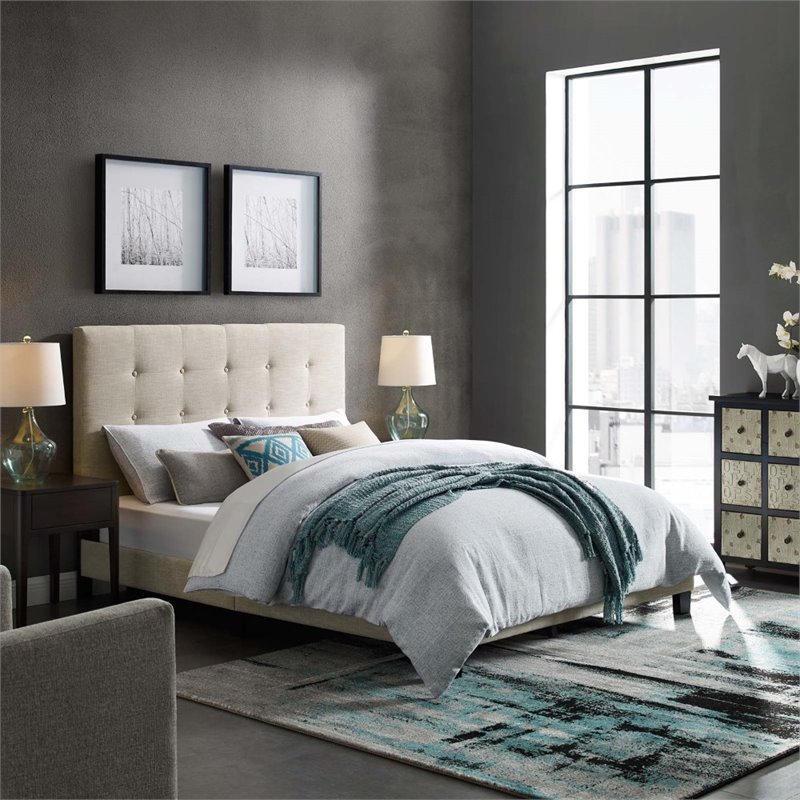 Pemberly Row Full Tufted Button Upholstered Fabric Platform Bed in Beige