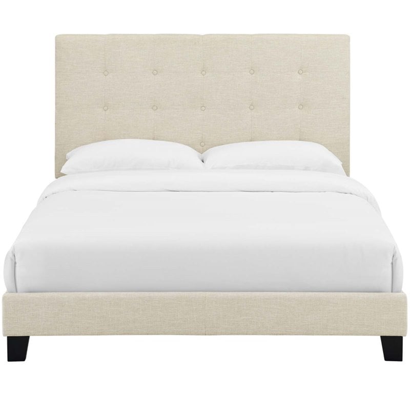 Pemberly Row Full Tufted Button Upholstered Fabric Platform Bed in Beige