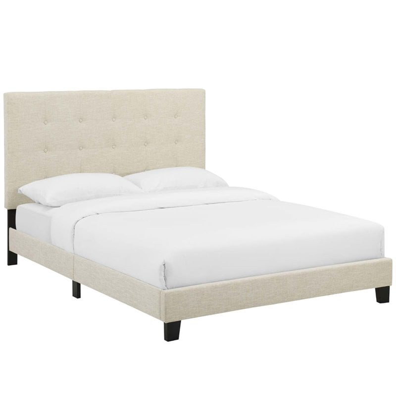Pemberly Row Full Tufted Button Upholstered Fabric Platform Bed in Beige
