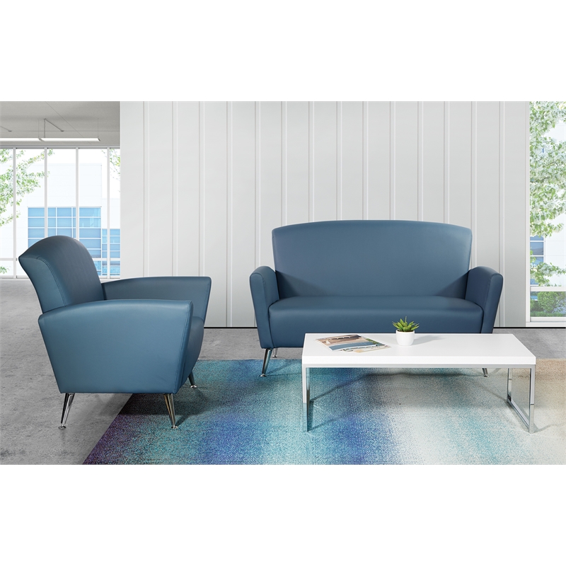 Pemberly Row Club Chair in Blue Bonded Leather with Chrome Legs