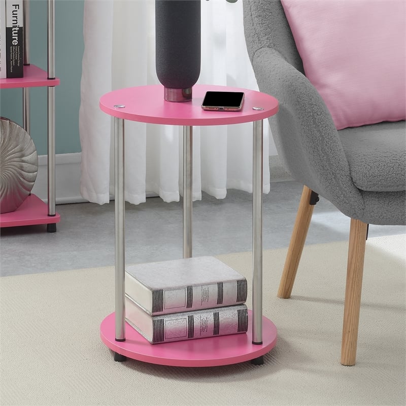 Pemberly Row Two-Tier Round End Table Pink Woodgrain Melamine