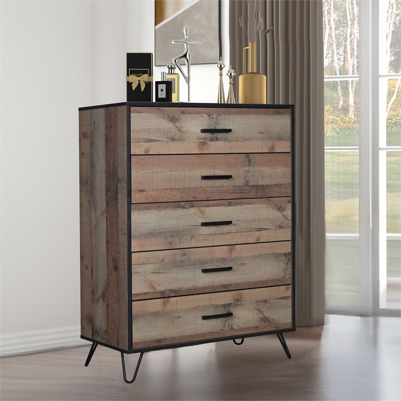 Pemberly Row Solid Wood 5-Drawer Chest Rustic Brown 104.63 lbs
