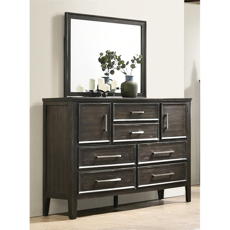 Pemberly Row Rubberwood 6-Drawer Dresser with Mirror in Nutmeg