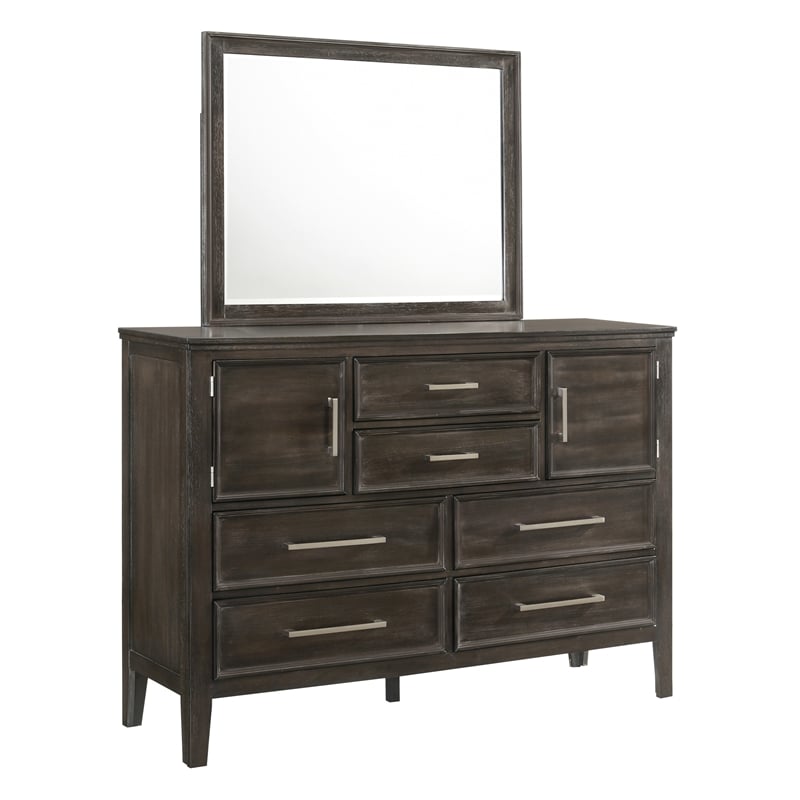 Pemberly Row Rubberwood 6-Drawer Dresser with Mirror in Nutmeg