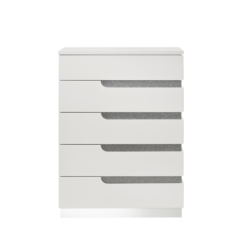 Pemberly Row Paradox 5-Drawer Chest in White Gloss Laminate