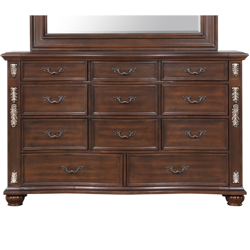 Pemberly Row 11-Drawer Dresser in Cherry Finish with Gold Accents