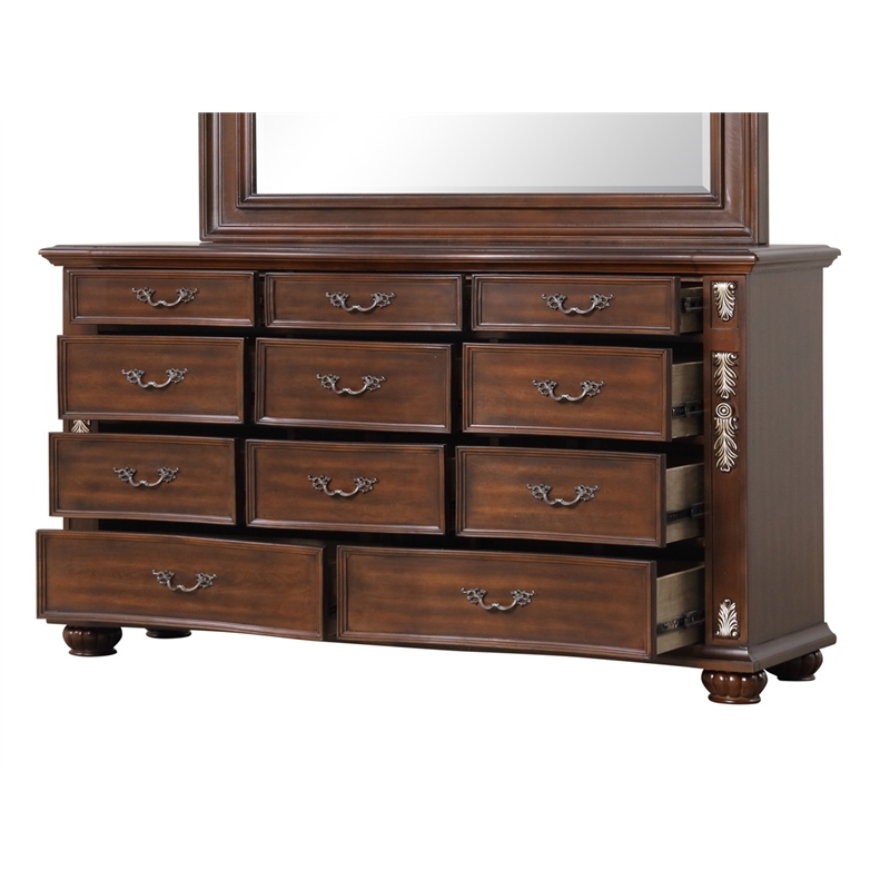 Pemberly Row 11-Drawer Dresser in Cherry Finish with Gold Accents