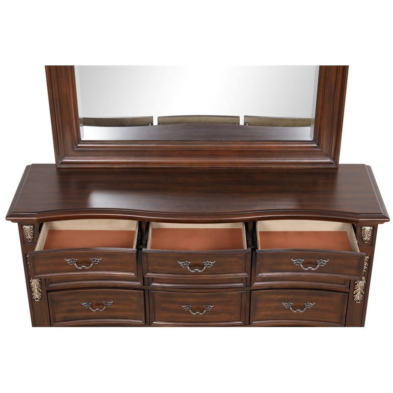 Pemberly Row 11-Drawer Dresser in Cherry Finish with Gold Accents