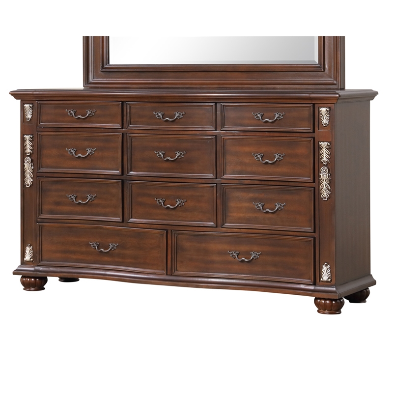 Pemberly Row 11-Drawer Dresser in Cherry Finish with Gold Accents