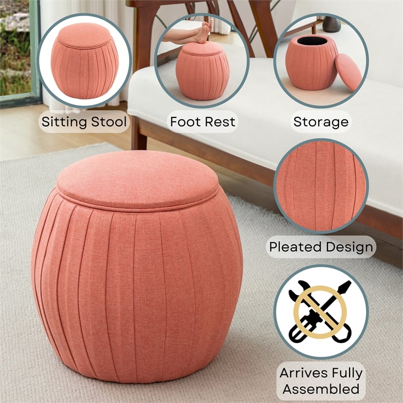 Pemberly Row Vanessa Round Accent Storage Ottoman Red Fabric