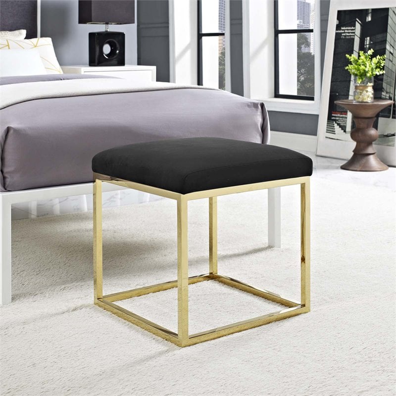 Pemberly Row Velvet & Stainless Steel Ottoman in Gold and Black