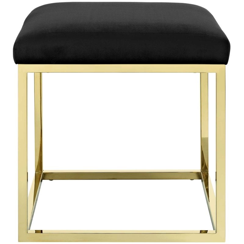Pemberly Row Velvet & Stainless Steel Ottoman in Gold and Black